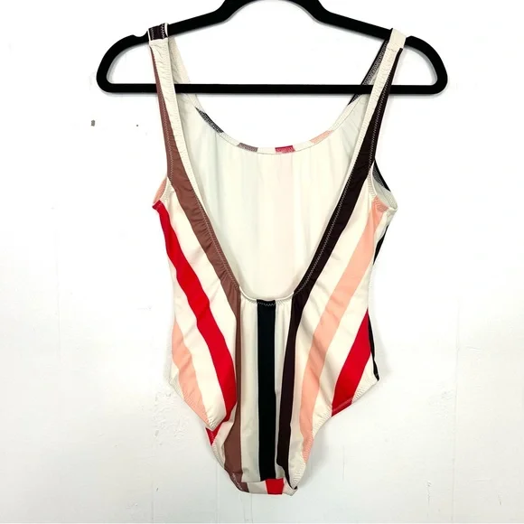 Solid & Striped One-Piece Swimsuit White Red Brown Low Scoop Back Small zq - Picture 2 of 3